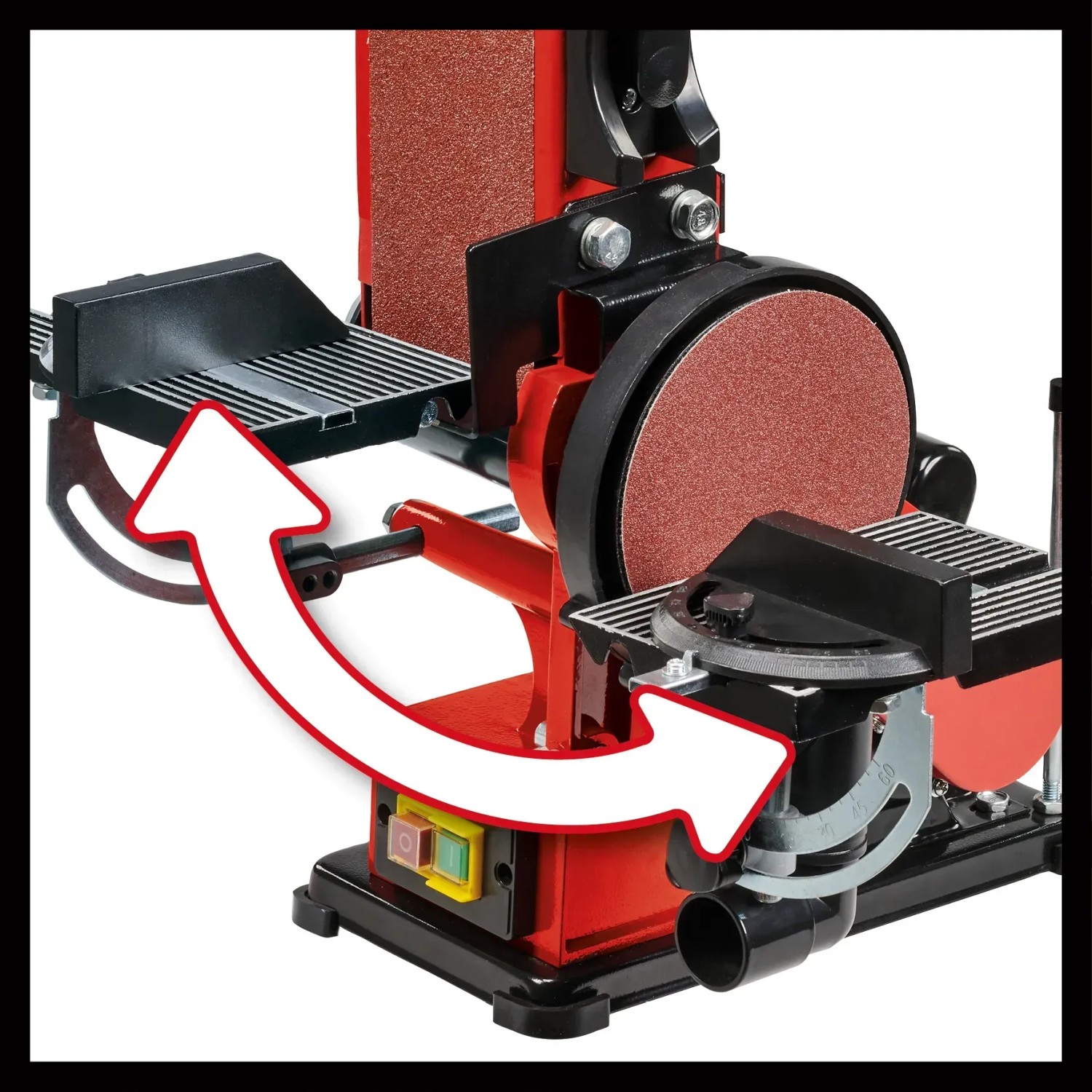 Einhell TC-US 380 levigatrice a nastro e disco da banco con unità di levigatura orientabile e arresto del pezzo.