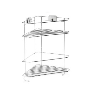 Mensola angolare cromata a tre ripiani per accessori bagno e montaggio a parete.