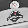 Dettaglio: Logo Jamestown Grill e indicatore di temperatura sul barbecue a gas.