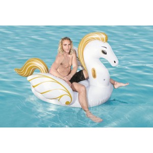 Bestway Gonfiabile Luxury Pegasus, 231x150cm, bianco-oro con persona in acqua.