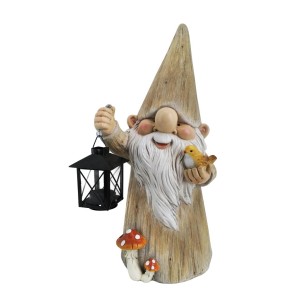 Gnomo da giardino con lanterna e uccellino, decorazione per il giardino.