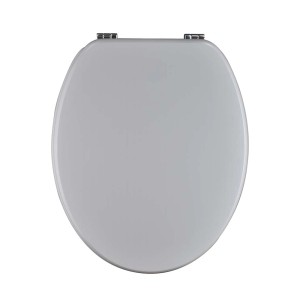 Sedile WC t.b.t. bianco con cerniere cromate, vista dall'alto.