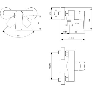 Disegno tecnico: Miscelatore doccia Ideal Standard CeraPlan III con dimensioni e dettagli.