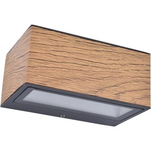 Moderna lampada da parete per esterni a LED Lutec Gemini in marrone antracite con effetto legno.