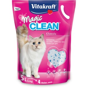 Lettiera per gatti Magic Clean, 5 l, non agglomerante, con gatto sulla confezione.