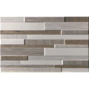 Piastrella da rivestimento t.b.t. effetto legno, beige e grigio.