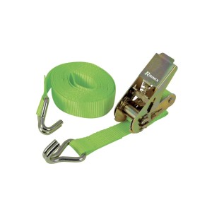 Cinghia di fissaggio verde con cricchetto e ganci per il fissaggio del carico.