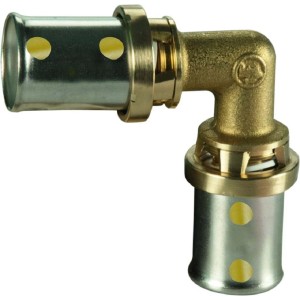 Raccordo a pressare t.b.t. in ottone e metallo per tubi.