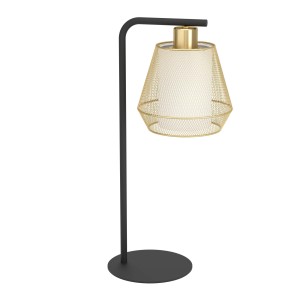 Lampada da tavolo moderna: base nera, paralume dorato a filo metallico.