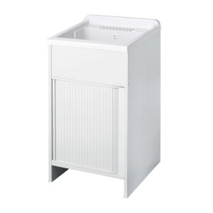 Mobile lavatoio bianco con anta a rullo per lavanderia o bagno.