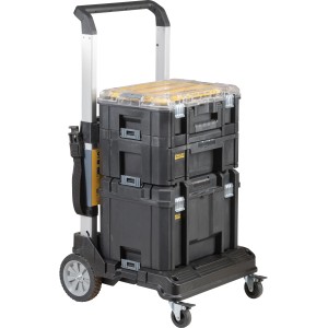 Sistema di valigie portautensili Stanley FatMax Tstak con carrello pieghevole in alluminio per un facile trasporto.