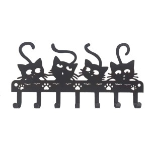 Appendiabiti da parete con 5 ganci a forma di gatti neri.