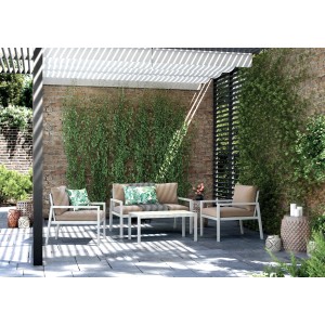 Set lounge divano Noralee 4 pezzi bianco con tavolo e cuscini marroni.