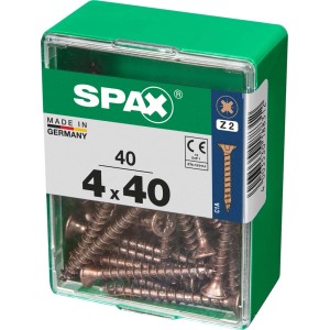 Viti per legno SPAX 4x40 mm in contenitore di plastica verde.