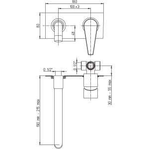 Disegno tecnico di un rubinetto per lavabo e bidet t.b.t. con dimensioni.