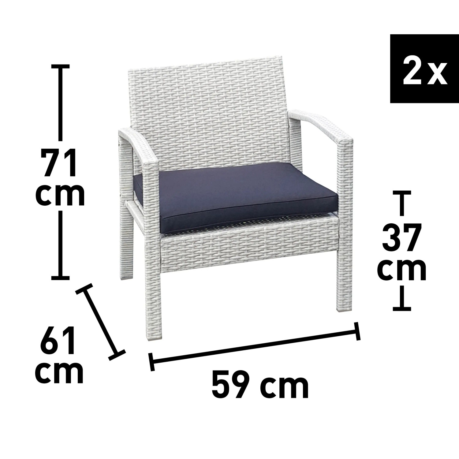 Immagine di due sedie da giardino bianche t.b.t. con cuscini blu, parte di un set di mobili da giardino.