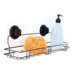 Mensola a muro nera con ventose, portaoggetti per accessori da bagno come spugna e dispenser di sapone.