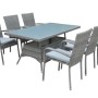 Set di mobili da giardino grigio con tavolo e sei sedie in rattan.