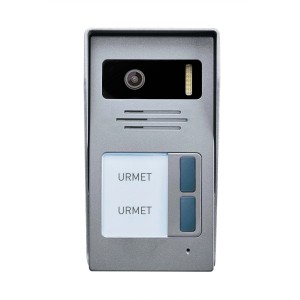 Citofono Urmet grigio con telecamera e due pulsanti campanello.