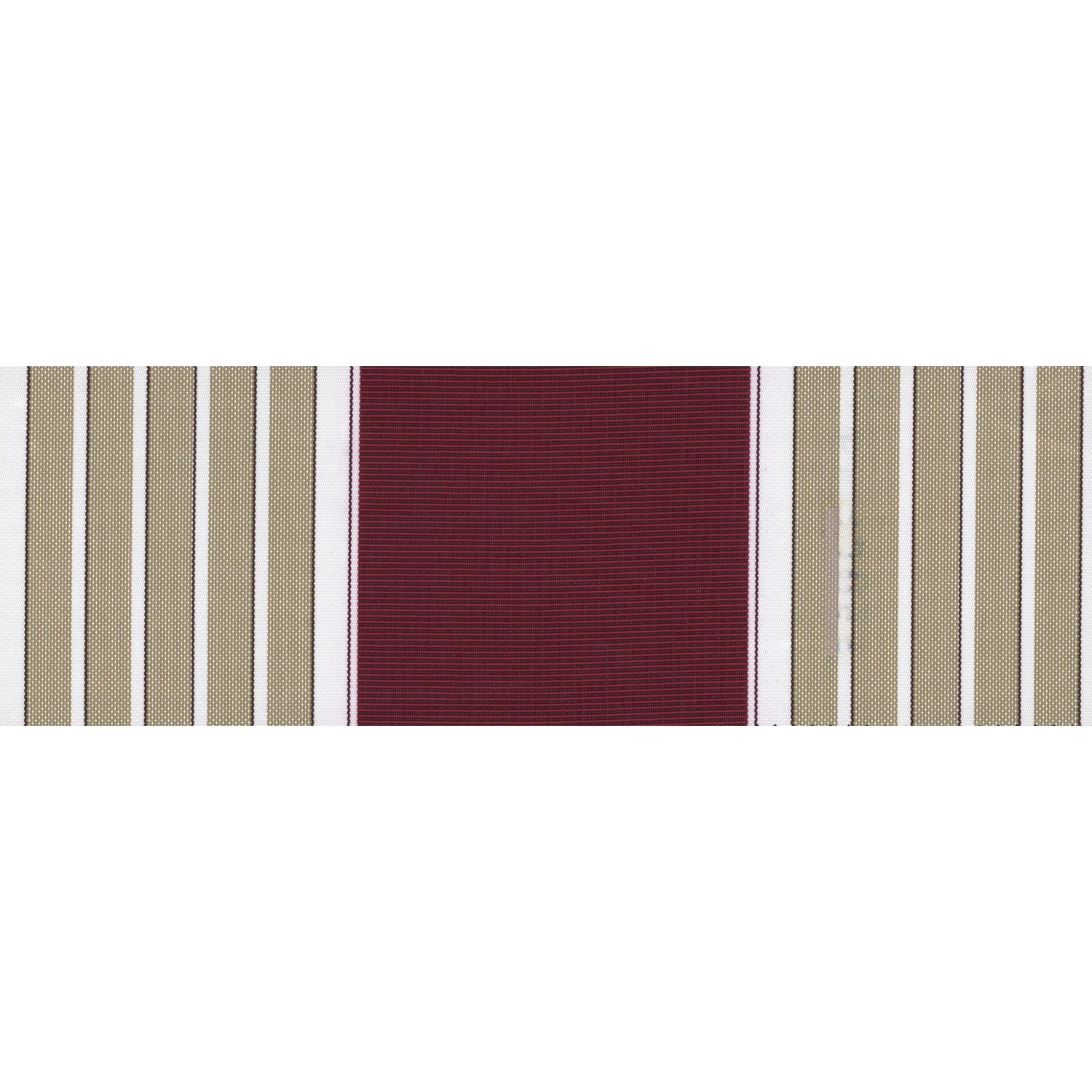 Dettaglio di un campione di tessuto per tende a rullo t.b.t. in beige, bianco e bordeaux.
