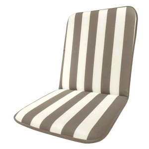Cuscino da esterno a righe per sedie, beige e bianco.