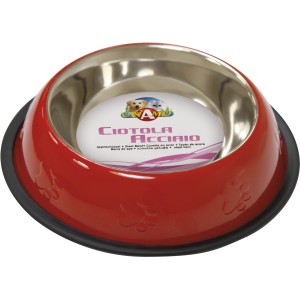 Ciotola per cani rossa in acciaio inox con impronta di zampa, antiscivolo.