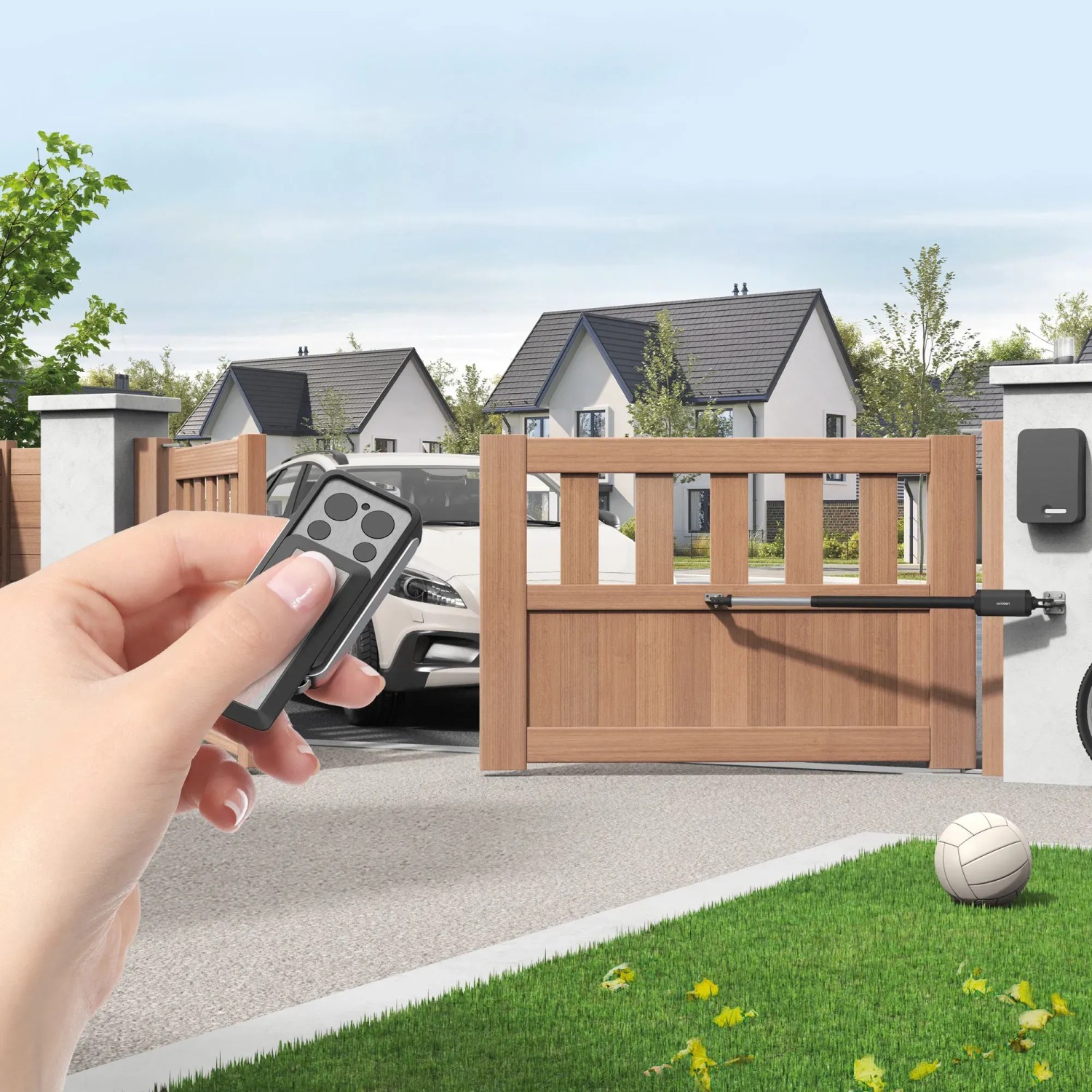 Mano che aziona l'azionamento del cancello con telecomando. Automazione per porte da garage.