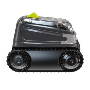 Robot piscina cordless Zodiac CNX-Li 5220 iQ grigio con cingoli e pulsante giallo.