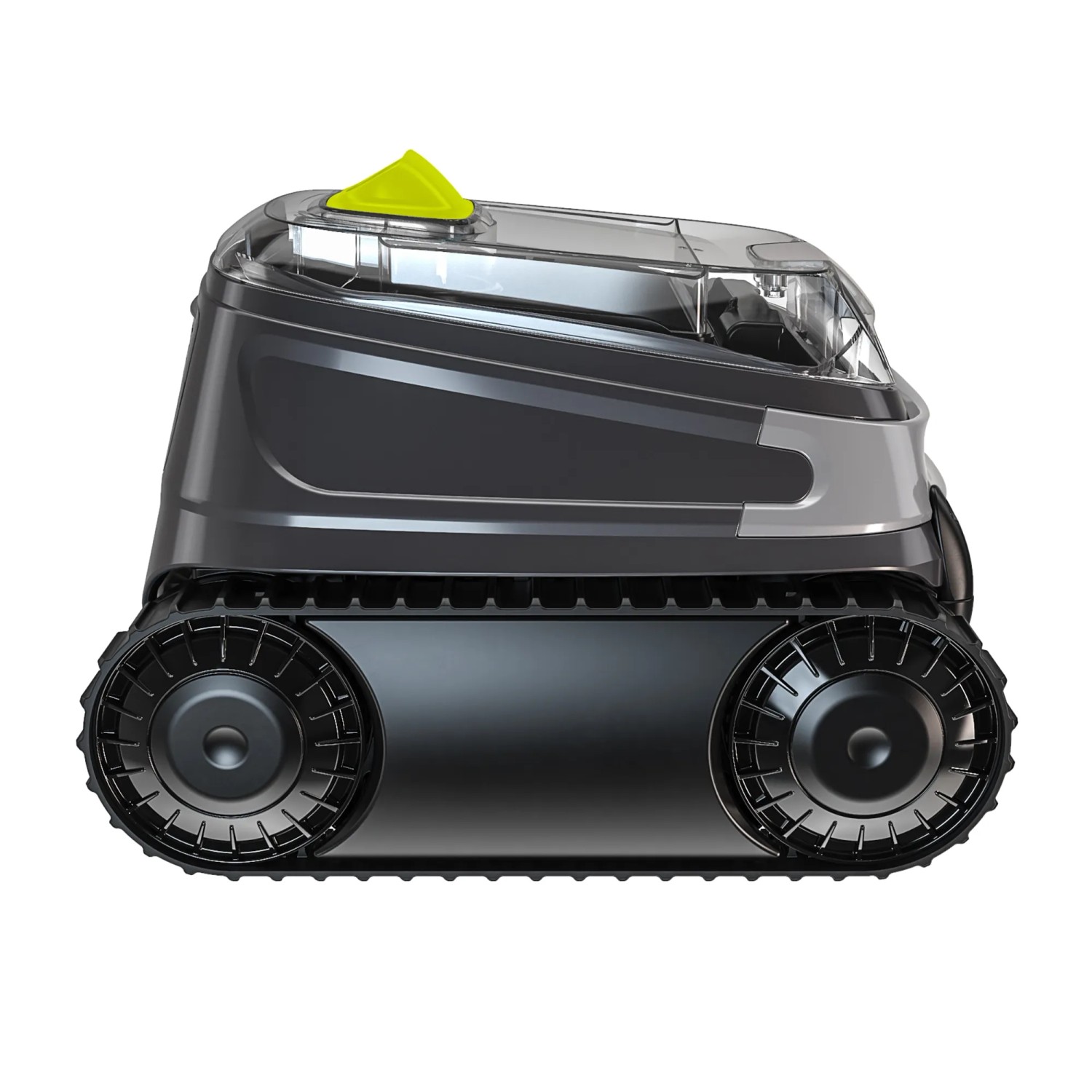Robot piscina cordless Zodiac CNX-Li 5220 iQ grigio con cingoli e pulsante giallo.