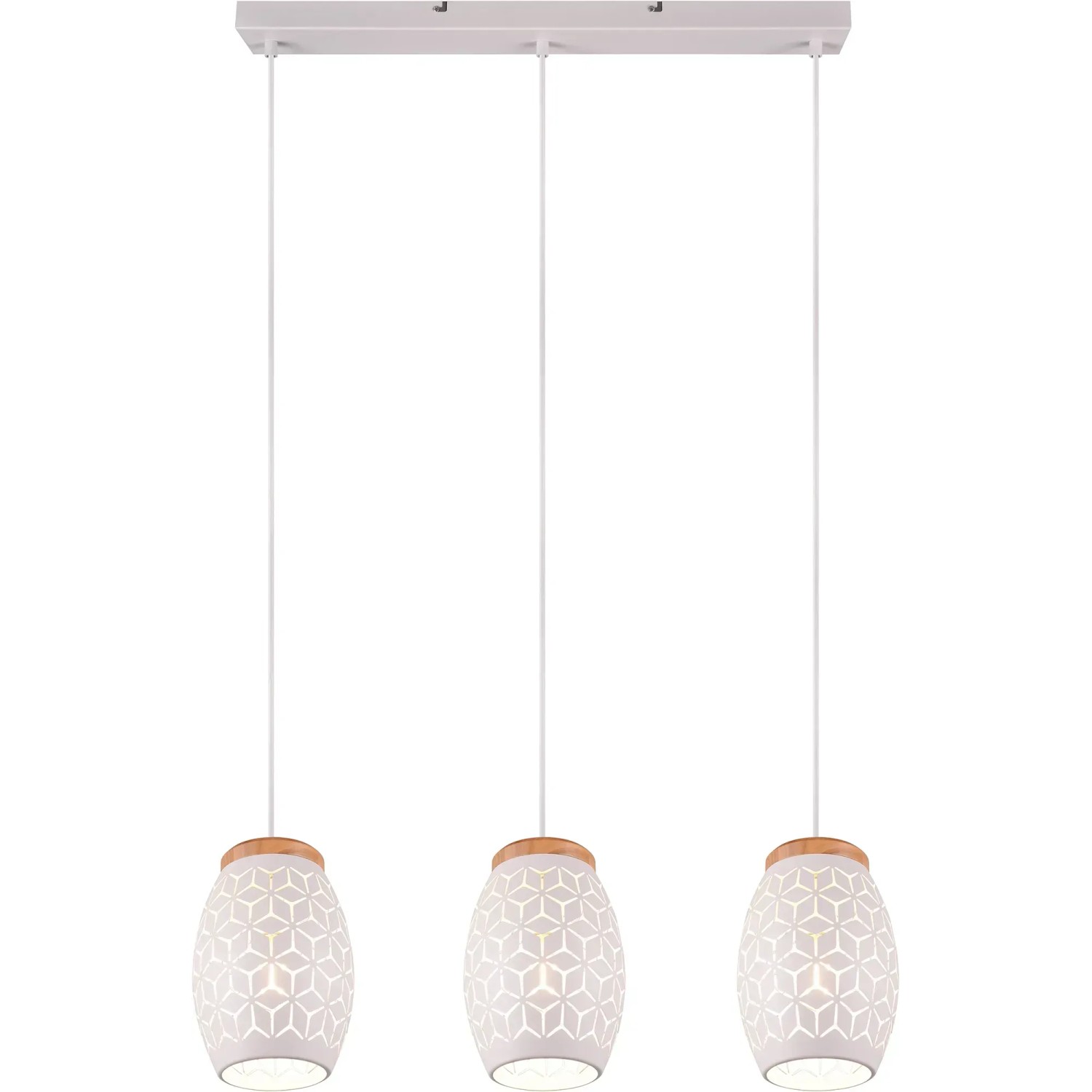 Lampada a sospensione Reality Bidar bianca a 3 luci con dettagli in legno per un'illuminazione accogliente.