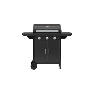 Carrello barbecue nero t.b.t. con tre bruciatori e mobile base per campeggio e giardino.