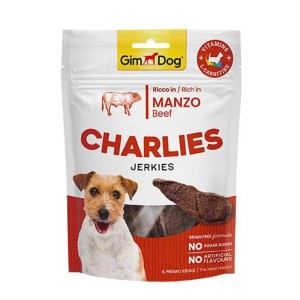 GimDog Charlies Jerkies Manzo, snack al manzo per cani in sacchetto.