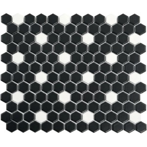 Piastrella a mosaico t.b.t. in bianco e nero con elementi esagonali.