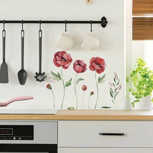 Adesivo da parete con fiori di papavero come decorazione in cucina. Adesivo decorativo da parete.