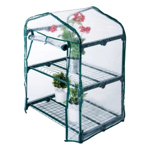 Piccola serra con tre ripiani e copertura trasparente.