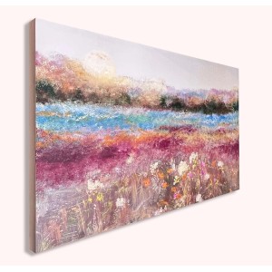 Dipinto astratto Quadri con prato fiorito in rosa, blu e bianco.