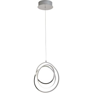 Moderna lampada a sospensione t.b.t. con anelli intrecciati in look argento per spazi abitativi.