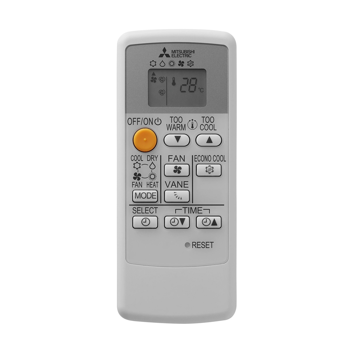 Telecomando per condizionatore d'aria, telecomando bianco con display e pulsanti.