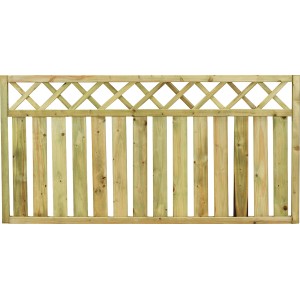 Pannello di recinzione in legno con listelli e griglia decorativa per il giardino.