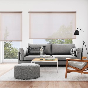 Tende a rullo t.b.t. chiare in soggiorno con divano e finestra.