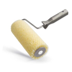 Rullo per pittura giallo con manico grigio per un'applicazione uniforme.