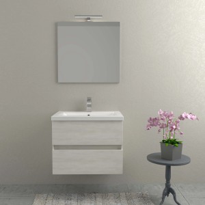 Set di mobili bagno moderni: mobile lavabo con specchio e illuminazione.