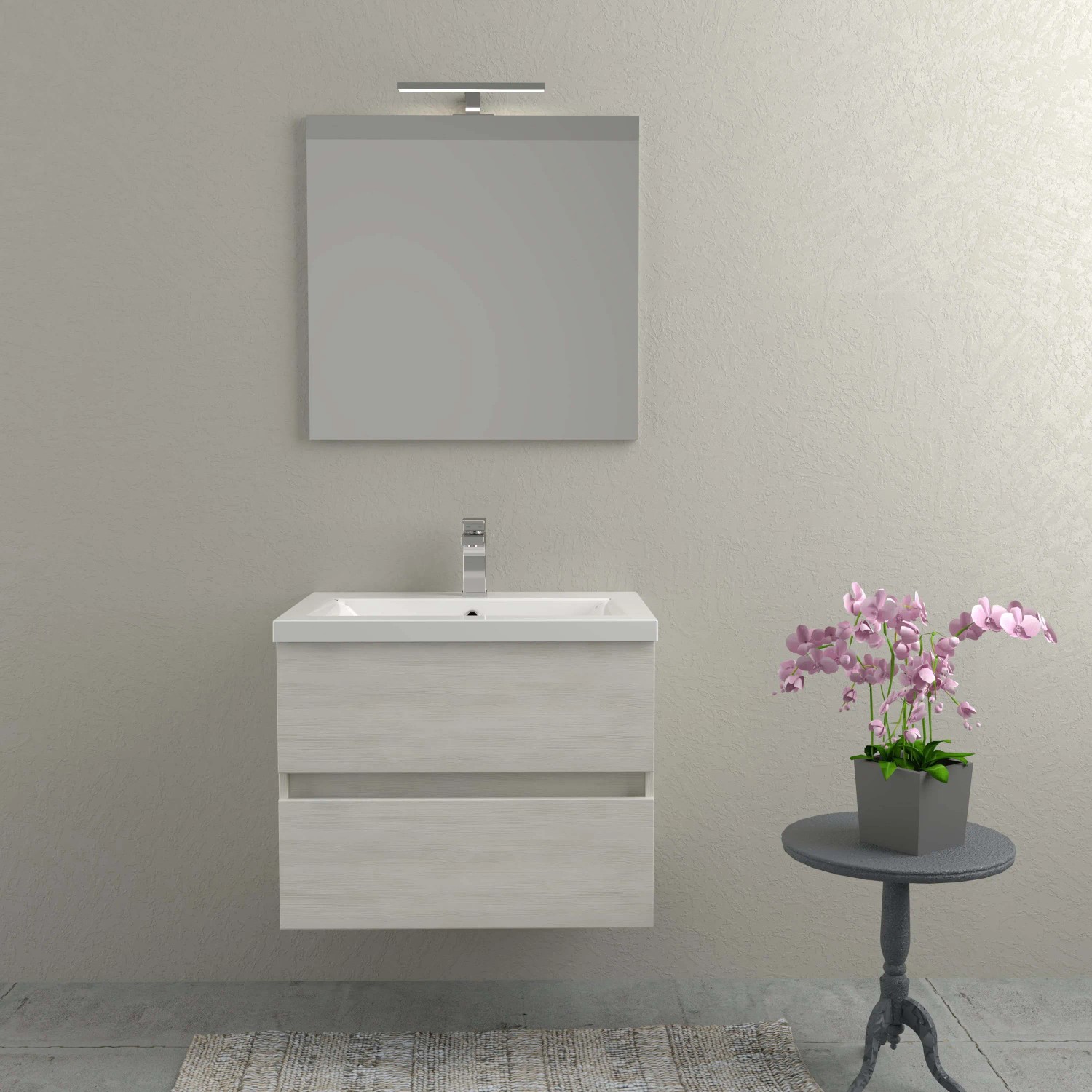 Set di mobili bagno moderni: mobile lavabo con specchio e illuminazione.
