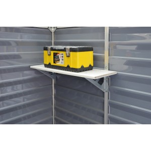 Mensola Palram per casetta Skylight, ripiano in plastica bianca con cassetta degli attrezzi, accessorio per casetta da giardino.