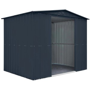 Casetta da giardino in metallo antracite con porta aperta. Ideale per riporre gli attrezzi da giardino.