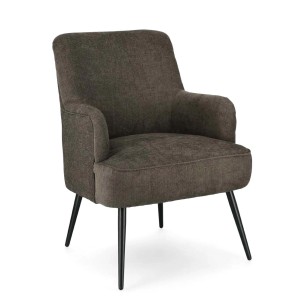 Poltrona marrone con braccioli e gambe nere.