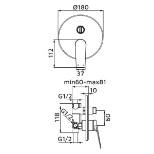 Disegno tecnico di Rubinetti doccia con dimensioni.