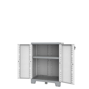 Armadio portautensili t.b.t. grigio con ante aperte e due ripiani.