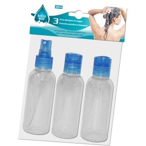 t.b.t. Set di 3 flaconi da viaggio trasparenti con tappi blu per accessori bagno.