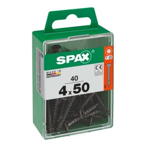 Viti SPAX nere 4x50 mm in contenitore di plastica verde, tecnologia di fissaggio.